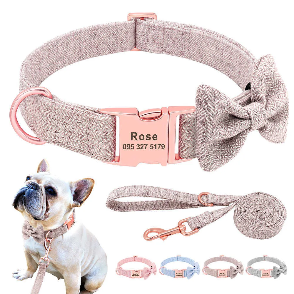 Guinzaglio per collare per cani personalizzato Set Collari per animali personalizzati di alta qualità con papillon Collari per cani regolabili Guinzaglio Incisione gratuita 211006