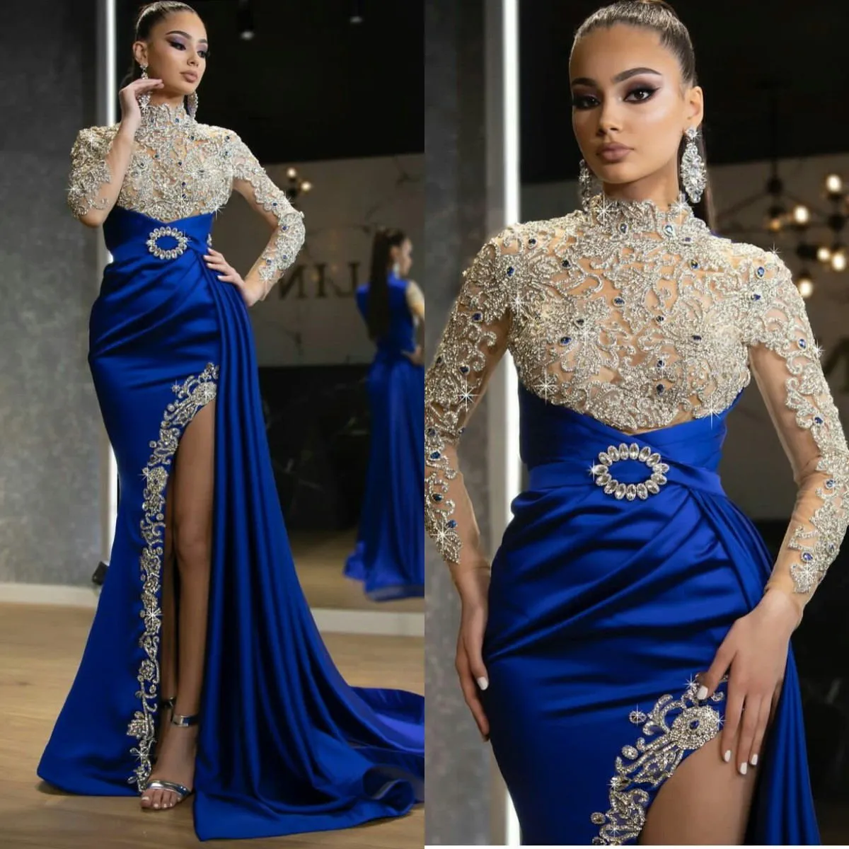 Luxury Beading Prom Dresses Royal Blue Crystal High Neck Långärmad MeMaid Evening Gowns Side Split Party Club Wear Vestidos de Novia