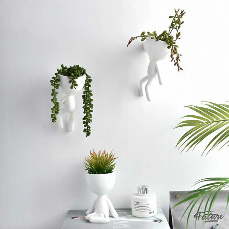 Cutelife White Ceramic Character Portrait Flower Pot Nordic Wall Hanging Table Vase Head Decor Home Plant Garden Sculpture Pot 210615
