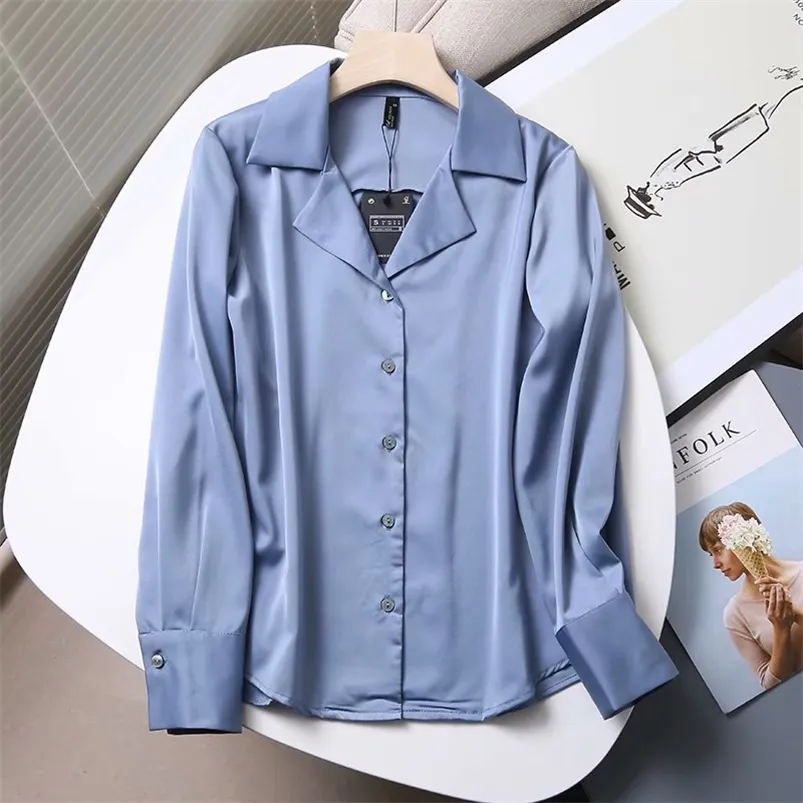 Kvalitet camisas de mujer kvinnor blusas mjuk satin långärmad blus kostym krage skjorta toppar 210421