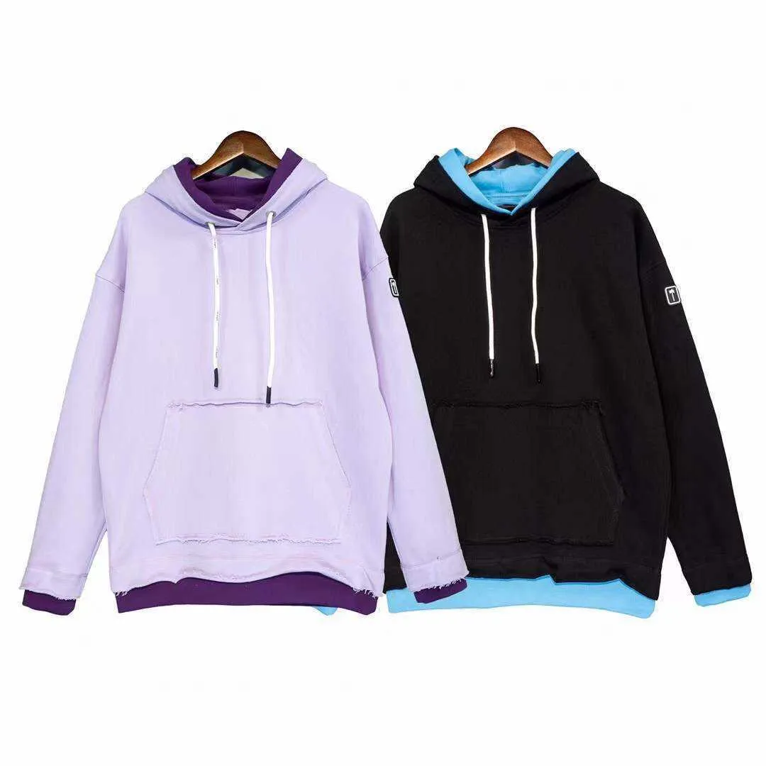 Hoodies dos homens ângulos Carta impressão de contraste cor dupla camada com capuz borda de pele desgastado de alta qualidade Terry tecido líquido vermelho novo