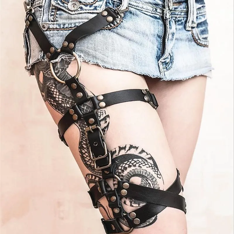 Bälten sexig harajuku läder ben ring kvinnor gotiska punkringar cosplay spik hög kvalitet elastisk lår strumpeband