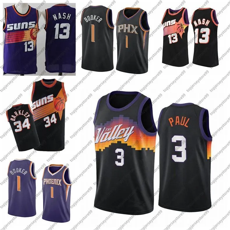 2020/21男性Chris 3 Paul Devin 1 Booker Ribio Rubio Charles 34 Barkley Deandre Ayton Black City The Valley Basketball Jersey