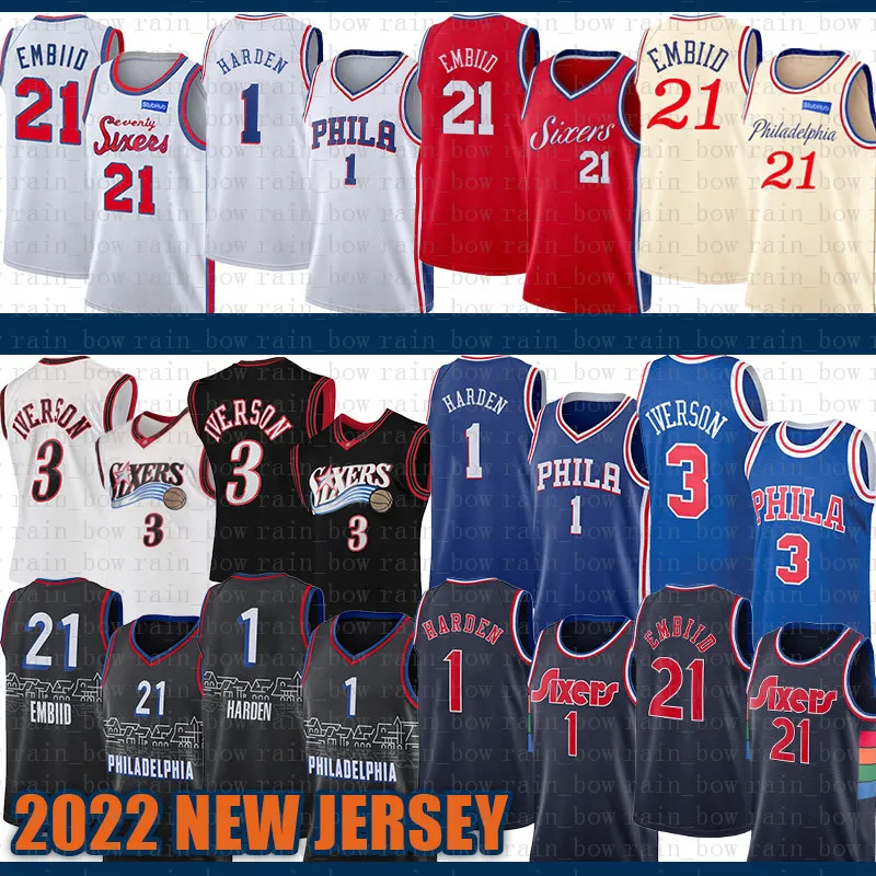 2022 Nieuwe Philadelphias 76er James 1 Harden Basketbal Jersey Joel 21 Embiid Allen 3 Iverson Julius 6 Erving S-XXL Purple