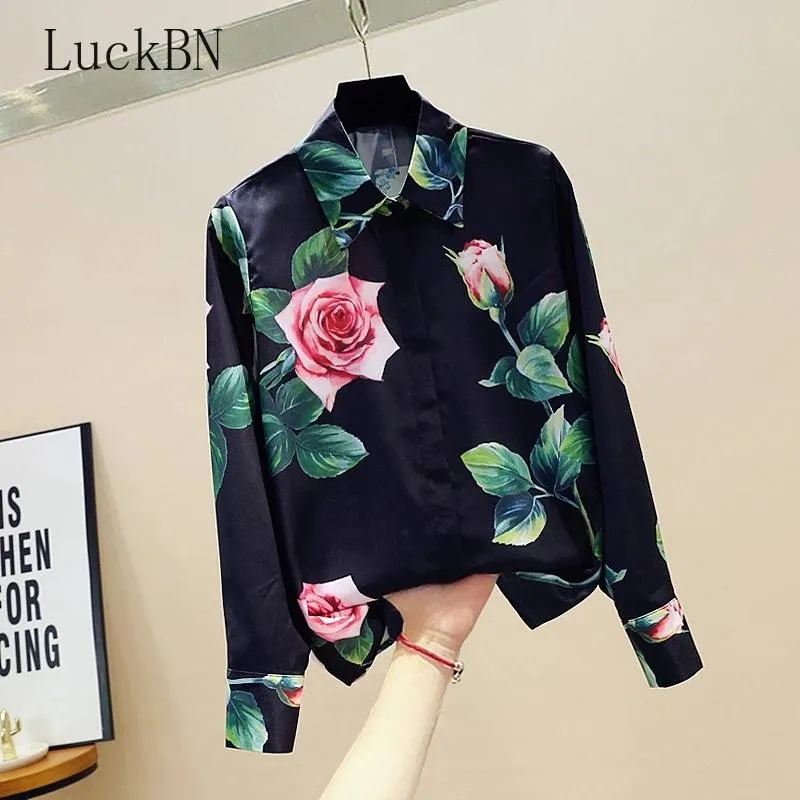 Women's Blouses & Shirts Spring Autumn Long-sleeved Shirt Rose Flower 2021 Fashion All-match Printed Tops Blouse Women