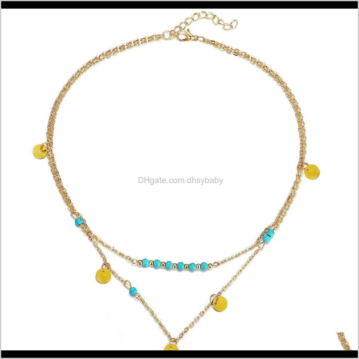 women bohemian ethnic style turquoise beads pendant necklace clavicle chain sequin double-layer necklace fashion jewelry