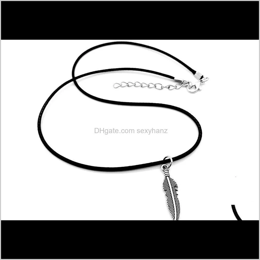 10pcs simple cute long bird feather necklace indian tree pot fallen leaf vine olive leather rope necklaces for women