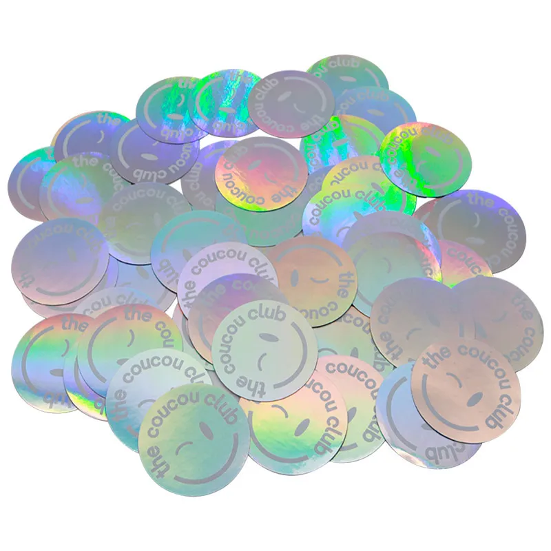 Logo holographique circulaire personnalisé de 2 pouces, étiquettes holographiques rondes et brillantes arc-en-ciel avec adhésif fort