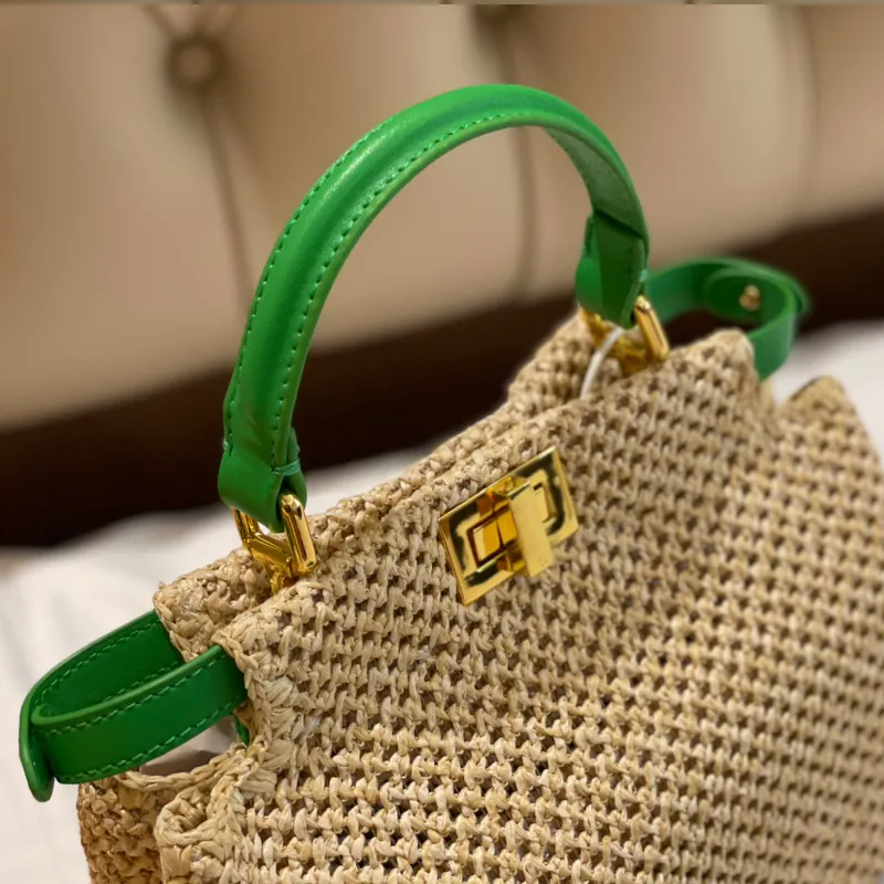 Medieval Woven Hand Bag Women Shoulder Tote Bags Lady Crossbody Handbag With F Statp Green handle