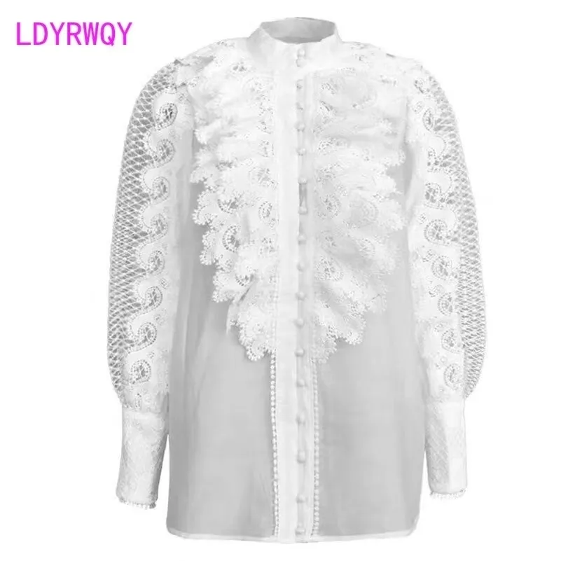 [LDYRWQY] White Sweet Heavy Lace Hollow Lange mouwen Single-Breasted Shirt Dames Polyester Office Lady 210416