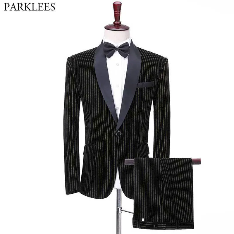 Altın Dikey Çizgili Kadife Takım Elbise Erkekler Bir Düğme Şal Yaka Siyah Suits Pantolon Erkek Düğün Parti Yemeği Smokin Suits Ternos 210522