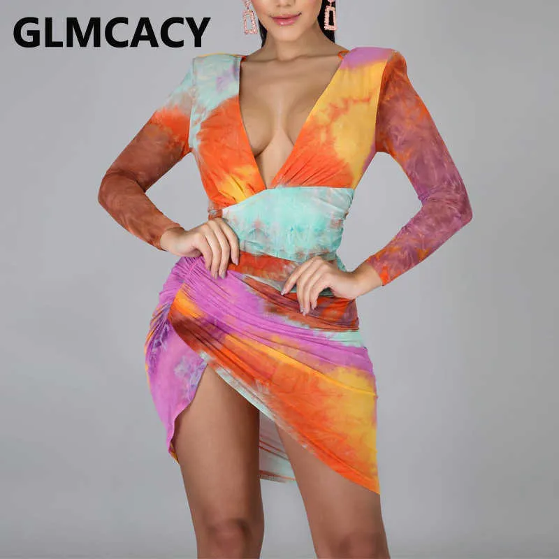 Vrouwen Willekeurige Tie Dye Gedrukt Bodycon Jurk Lange Mouwen V-hals Elegante Avond Feestjurk 210702