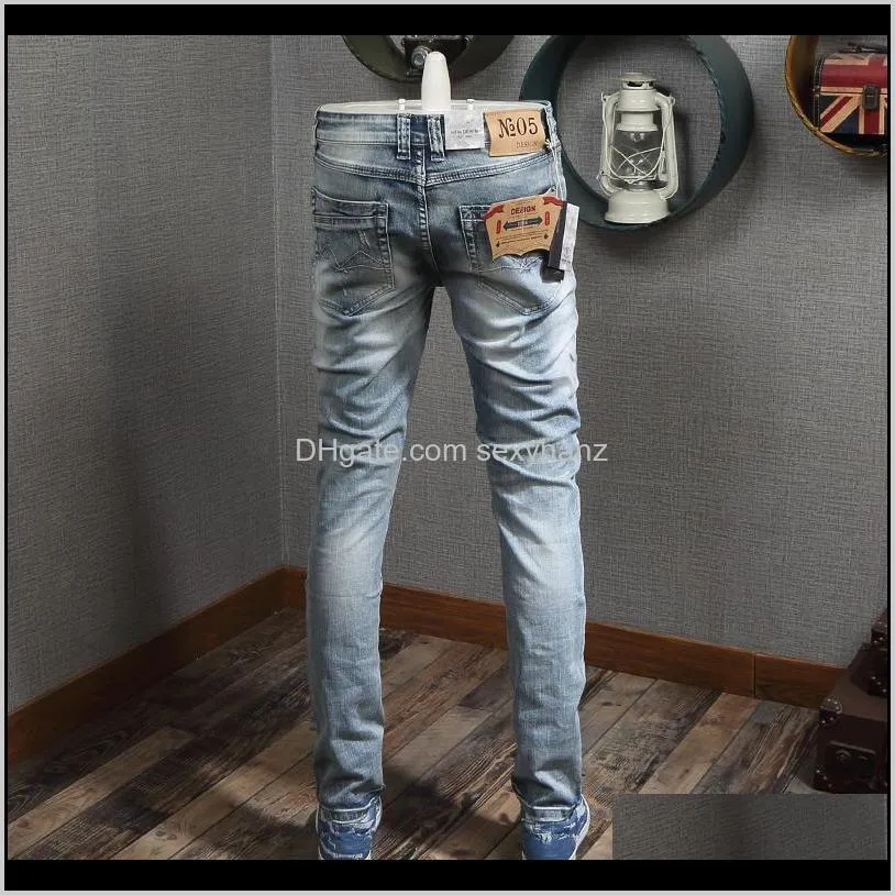 italian style fashion men jeans light blue destroyed patchwork ripped jeans men elastic denim pants slim fit hip hop homme1