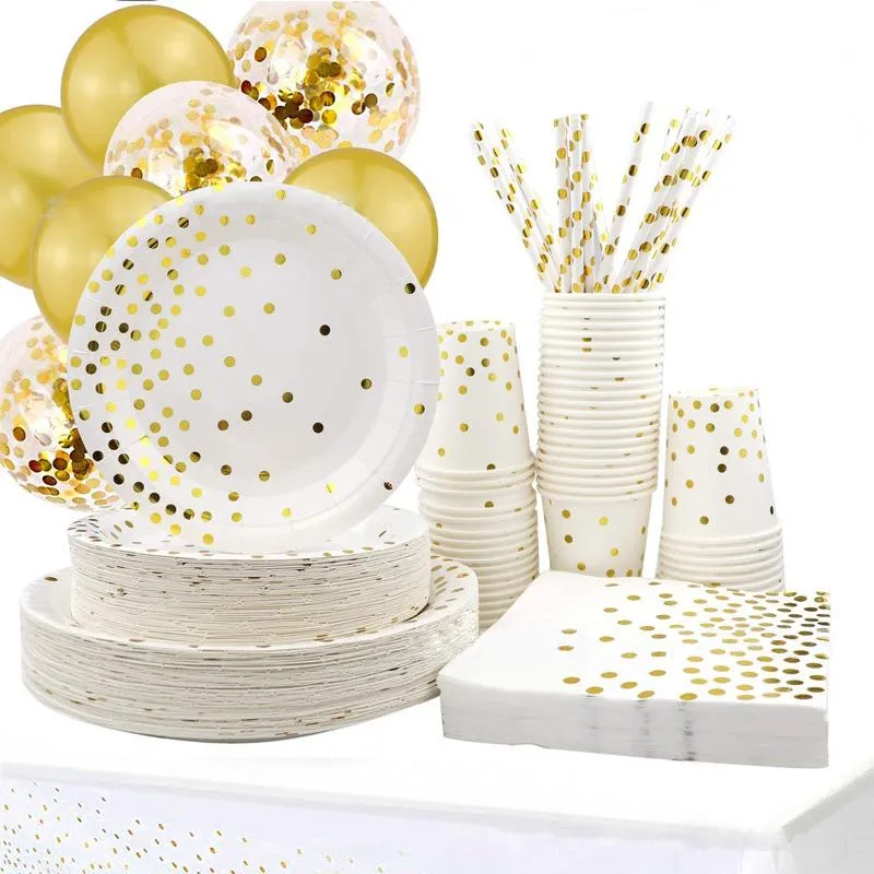 Disposable Dinnerware Wedding Gold Party Bronzing Dots Dishes Decorations Stamping Plate Cup Anniversaire Decoration Collection