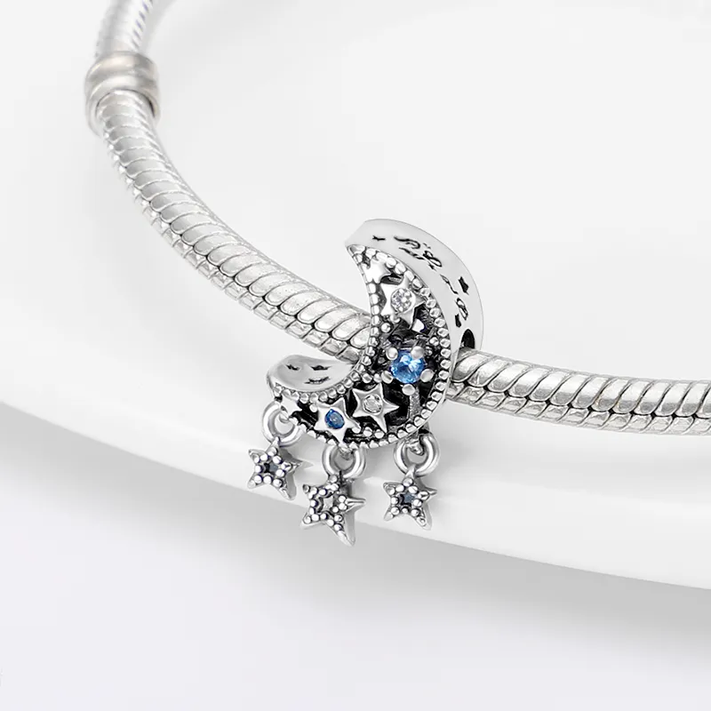 Nya Silver Passar Pandora Armband Halsband Starry Sky Serie Moon Shaped Beads Kvinna DIY Fashion Fine Smycken Hängen