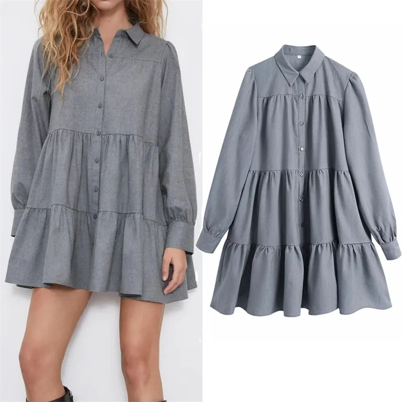 Kleid Frauen Grau Hemd Mini Frau Herbst Kragen Button Up Rüschen Langarm Casual Vintage Damen e 210519