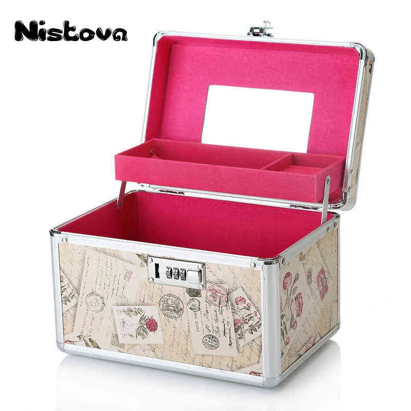 NXY Kosmetiska Väskor Professionell Aluminium Kvinnor Makeup Box Lösenord Lås Väska Bärbara Travel Smycken Med Spegel Skönhet 220303