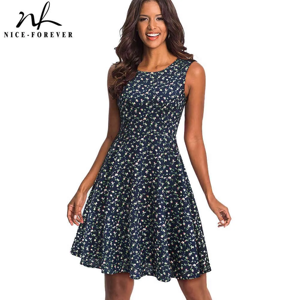 Nice-forever Retro 1950's Floral Printed Round Neck vestidos Sleeveless A-Line Female Flare Party Women Spring Dress A086 210419