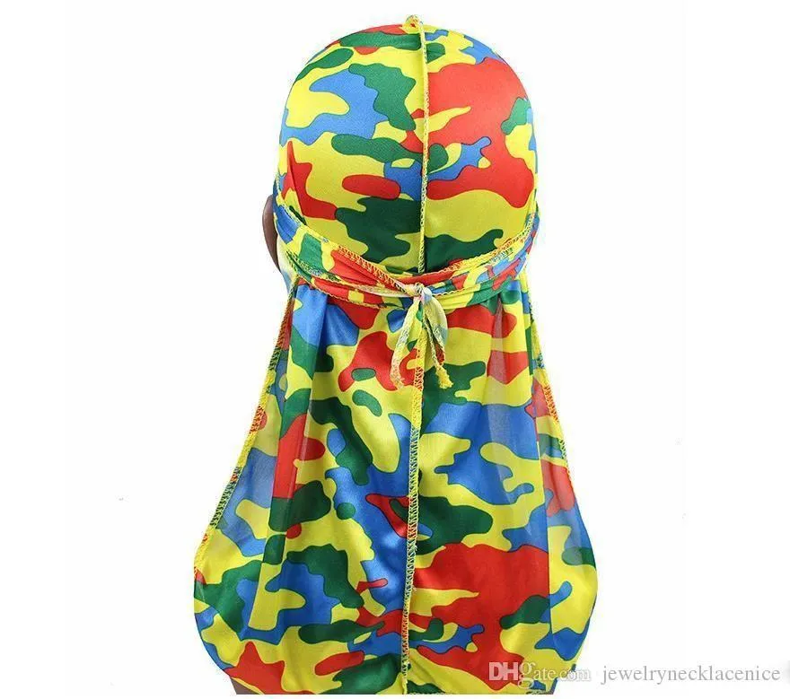 Miltary Camouflage Silky Durag Hot New Colorful Premium 360 Waves Long Tail Silky Durags Hiphop Caps for Men and Women High Quality Du-rag