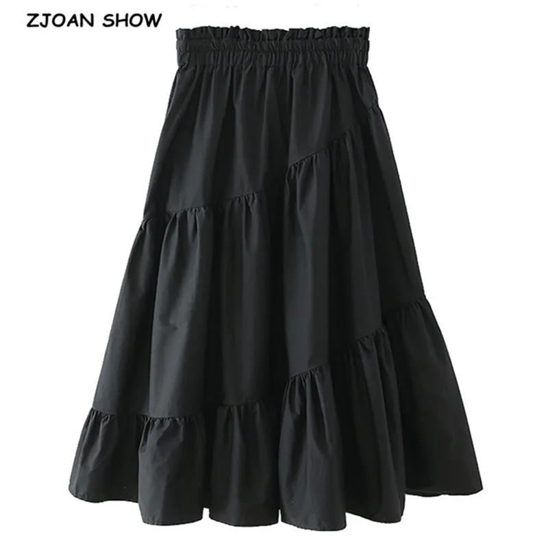 Bohème solide noir longue balançoire jupe BOHO vacances femmes élastique taille haute couture plissée jupes plage 210429