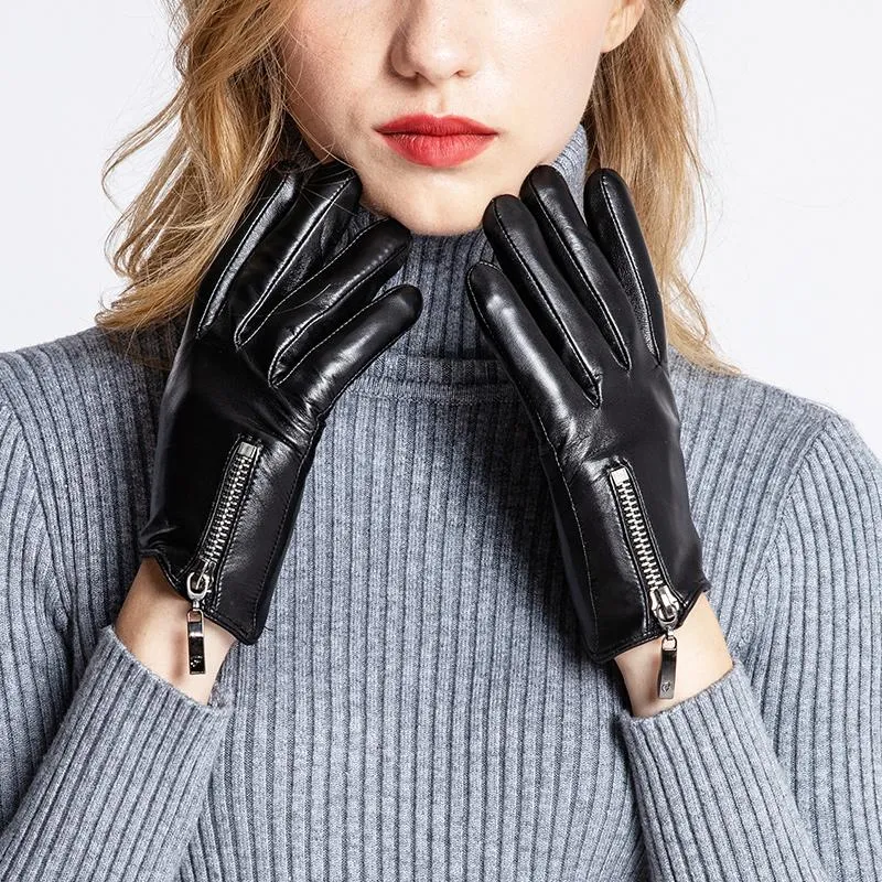 Fingerless Gloves Sumusan Women Touch Screen Genuine Leather Black Winter Thick Warm Lady Waterproof Non-slip Goat Mittens