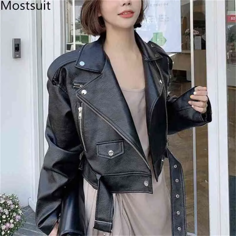 Koreanska PU Läder Kort Biker Jackor Jackor Kvinnor Långärmad Turn-Down Collar Faux Belted Fashion Cool 210513