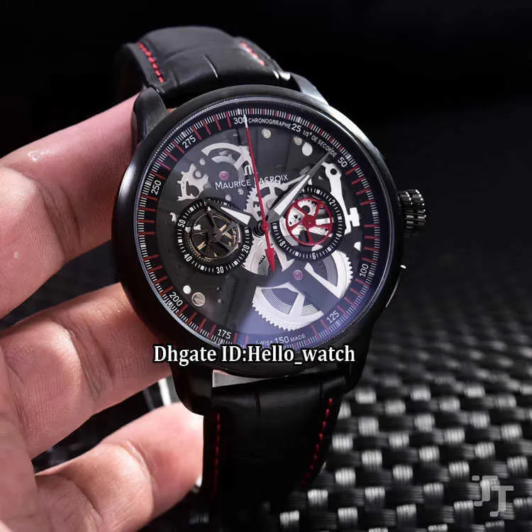 Designer-Uhren der Marke 45 mm Maurice Lacroix Masterpiece MP7128-SS001-300-1 Skeleton Black Dial Quartz Chronograph Mens Watch PVD Black Case Leather Strap Discount