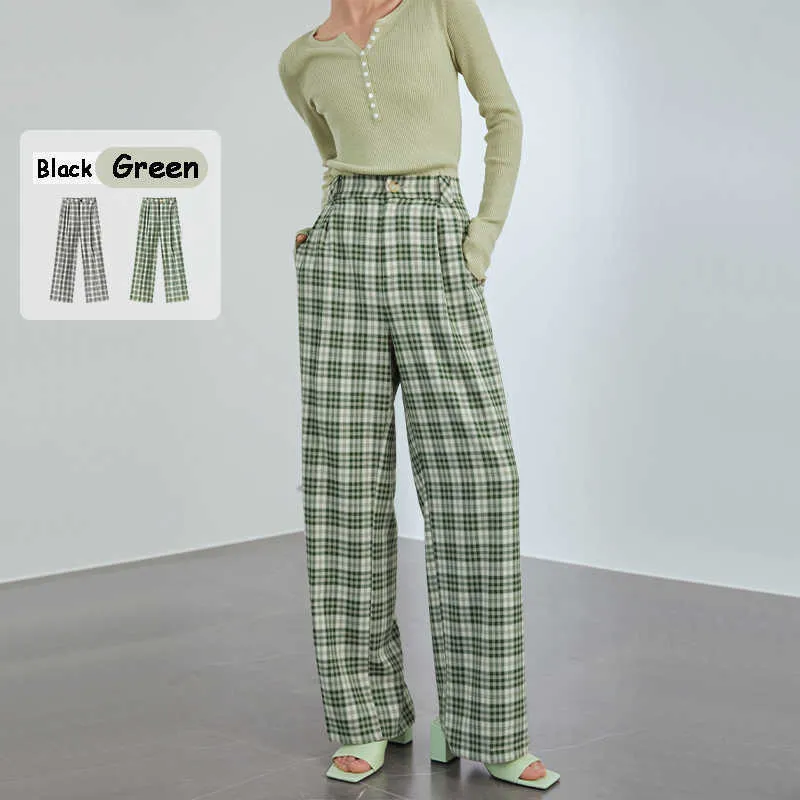 Fansilanen casual streetwear groen plaid broek vrouwen lente zomer rechte geruite vrouwelijke zwarte hoge getailleerde broek 210607