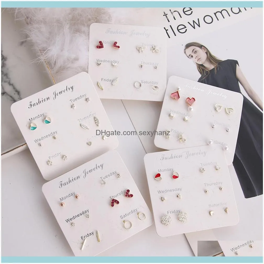 Charm Jewelryjewelry Pearl Snowflake Water Feather Love Butterfly Earrings 6 Pairs Board Combination Set For Women Wholesale Drop Delivery 2