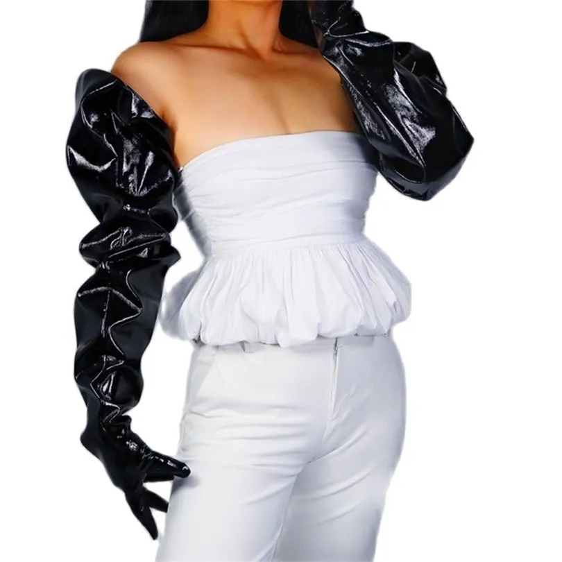 LATEX LONG GLOVES Unisex Black Faux Leather 85cm Wide Balloon Puff Sleeves Large Women Gloves WPU235 211124