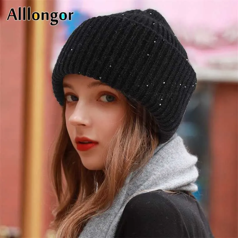 Paillette Designer Herbst Winter Hut für Frauen Mode Warme Dreifache Dicke Gestrickte Beanie Hüte Mädchen Skullies Beanies 211119