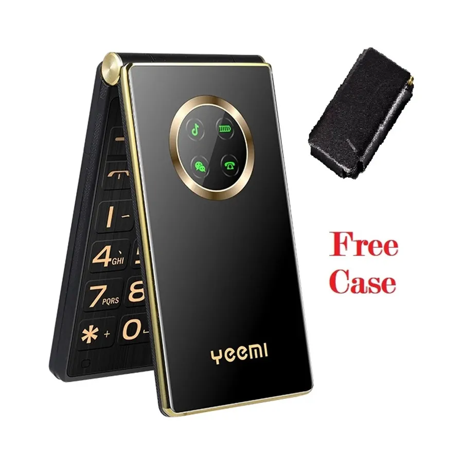 Luxury Unlocked Flip Mobiltelefon Telefon Original Yeemi Dual Sim Kort 2,8 tum Dubbel Stor skärm Stor knapp Louder Voice Cellphone för student gammal Man Free Case