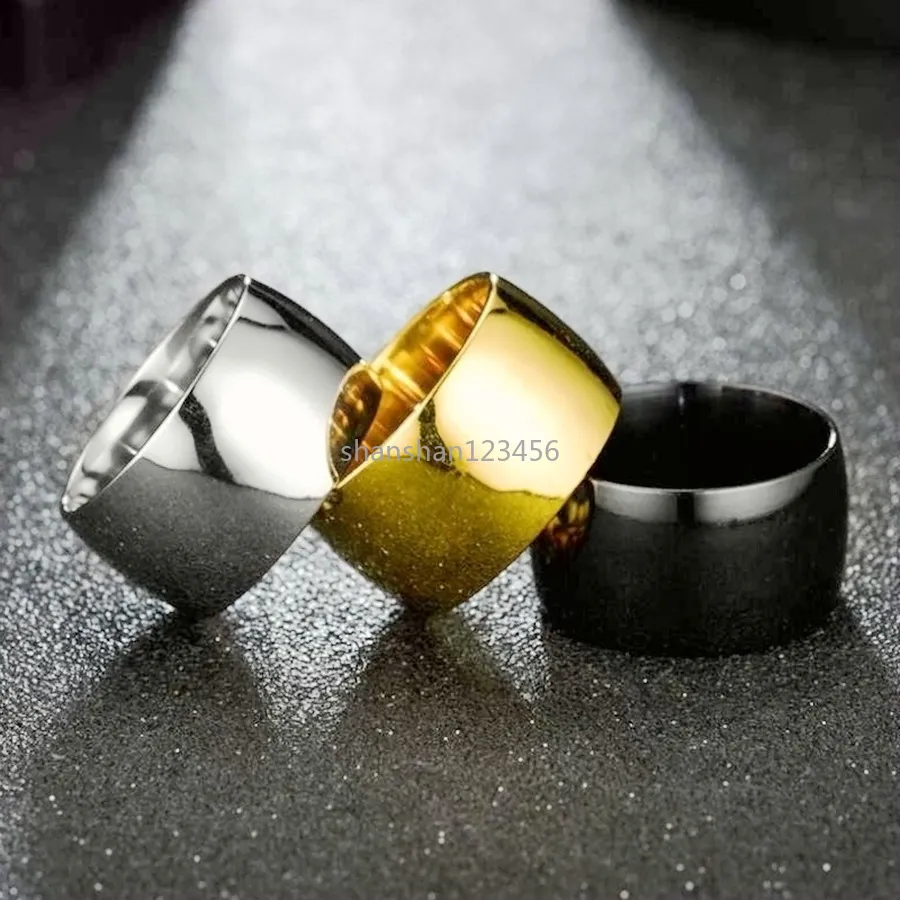 Bredband 12mm rostfritt stål tomt ringfinger svarta guldringar för män kvinnor mode smycken vilja och sandig