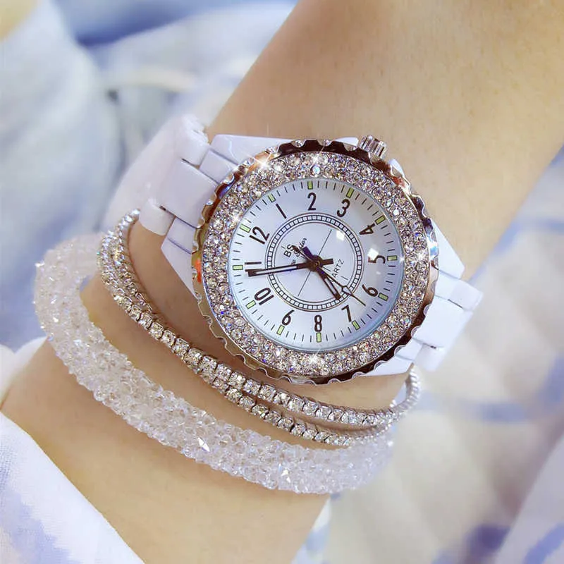 Luxury Crystal Wristwatche White Ceramic Ladies Watch Quartz Fashion Watches Wrist watches for Female 210616