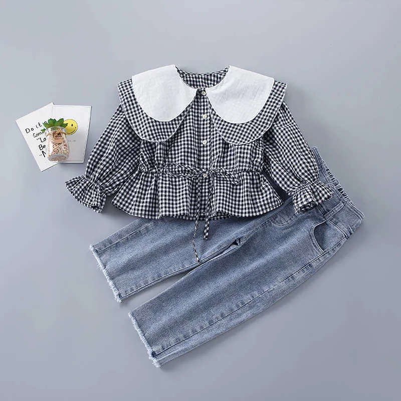 2-7 Years High Quality Spring Girl Clothing Set Fashion Casual Plaid Shirt + Jeans Kid Children Girls 210615