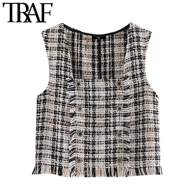 Traf Women Fashion with Frayed Trim Tweed Check Waistcoat Vintage Square Collar Sleeveless Female Vest Coat Chic Tops 210415