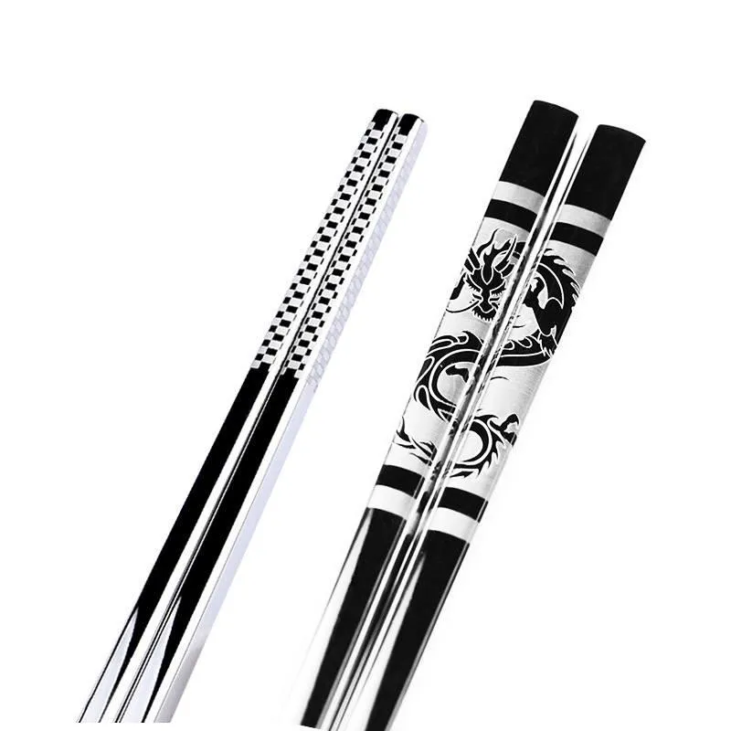 1 paire acier inoxydable anti-dérapant Dragon baguettes Sushi métal fer Portable chinois sain bâton pour Set189B