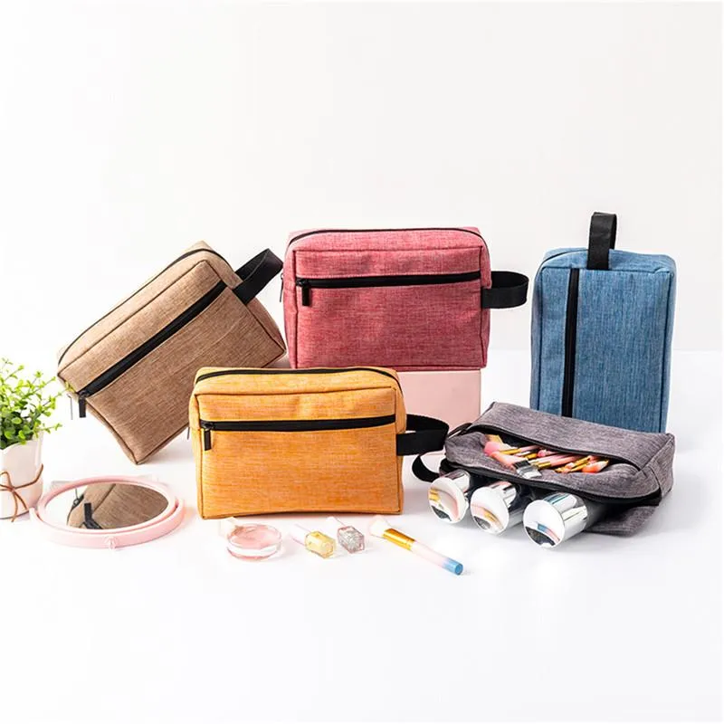 Portable Solid Color Cosmetic Bag For Women Multi-function Large-capacity Toiletry Widened Handle Travel Makeup Storage Bags & Cases