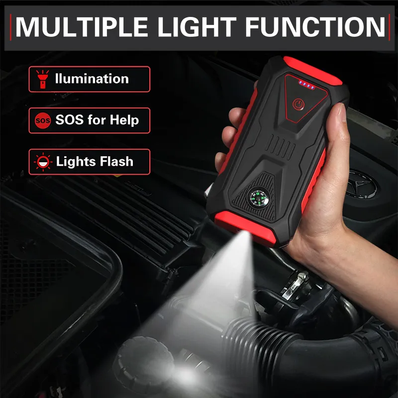 Krachtige 23000mAh auto Jump Starter met veiligheid Smart Clips Multifunctionele draagbare voertuig Noodsituatie Hamertools Outdoor Compass Mobile Telefoon Voeding