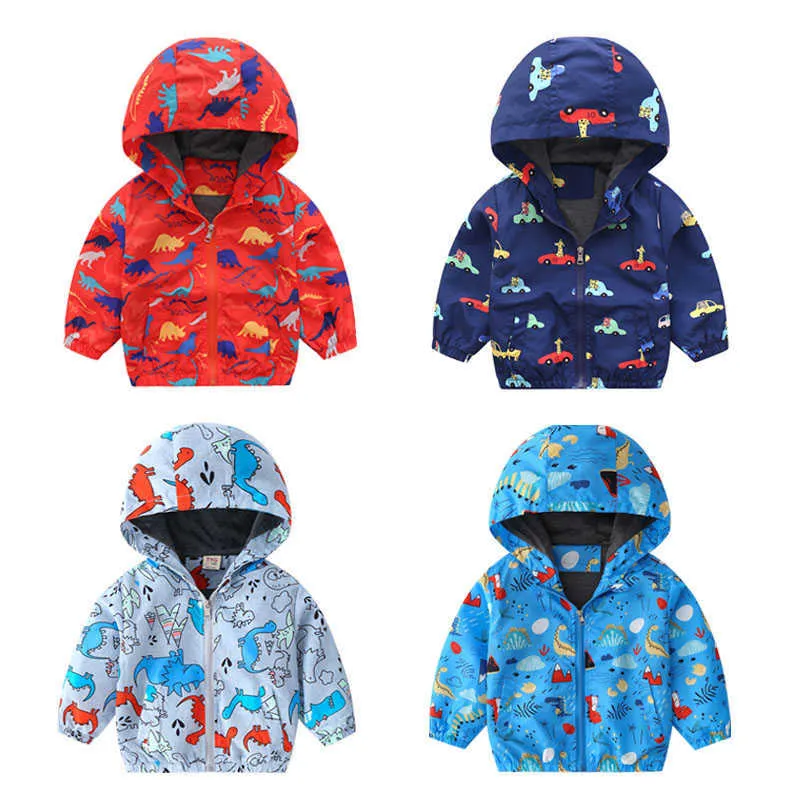 2021 New Children Jacket Spring Autumn Cartoon Zipper Coat Boys Girls Dinosaur Hooded Jackets Kids Fashion Print Outerwear 2-6T H0909