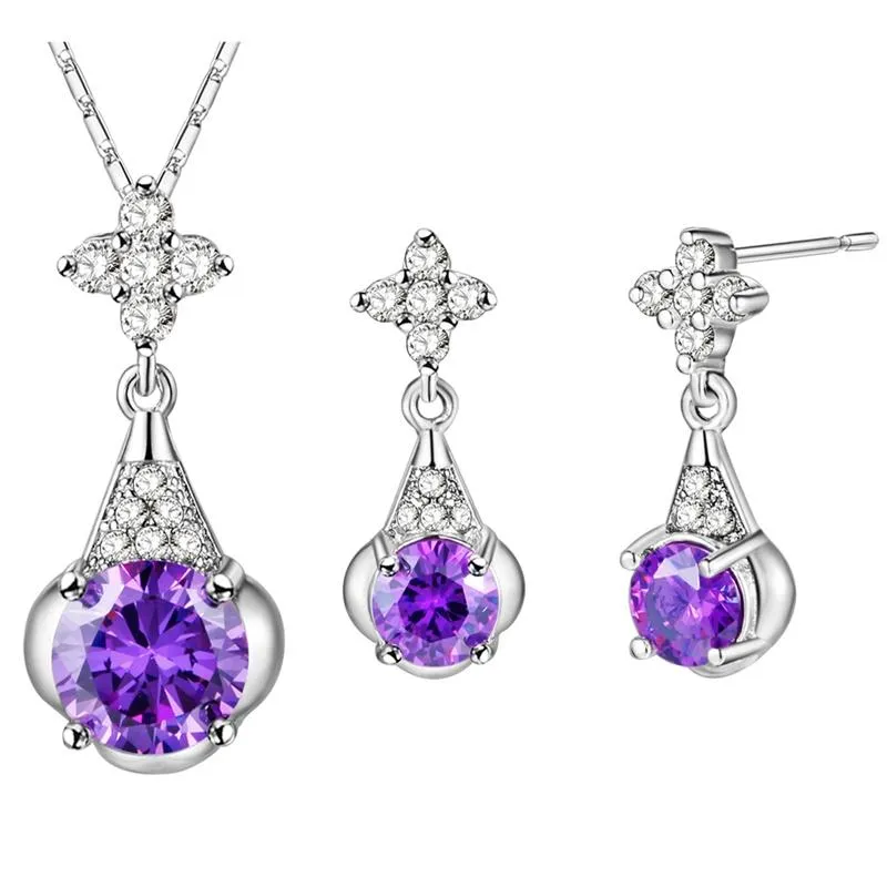 Earrings & Necklace Fashion Jewelry Sets With Long Drop For Women 2021 High Quality Purple And White Brightly Big Cubic Zircon