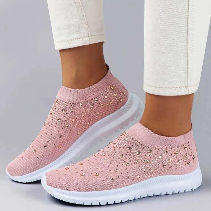 New Women Ankle Shoes Ladies Bling Flats Woman Fashion Loafers Crystal Womens Sneakers Casual Slip on Mesh Tennis Shoes H0902