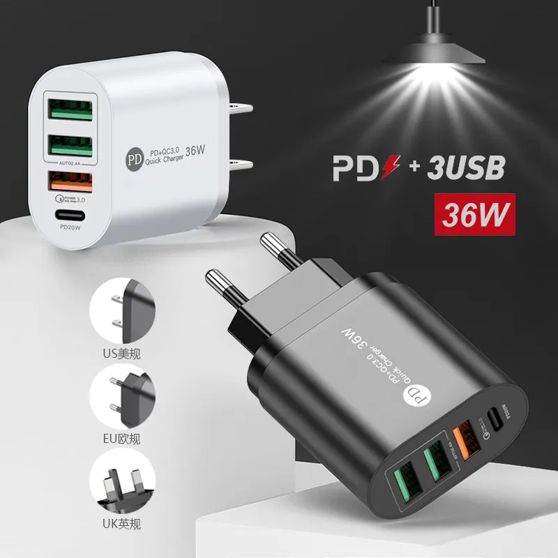 PD36W fast charging mobile phone charger 5V4A European and American British standard PD+3USB multi-port adapter charging head for iphone 13 8 6