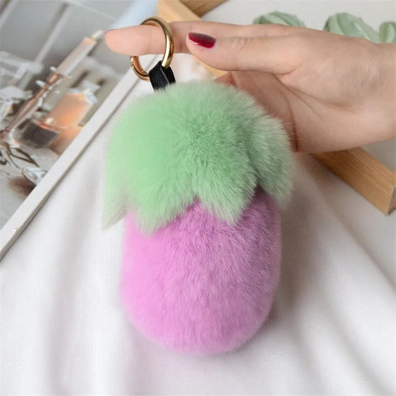 Kvinnor Keyring Real Rex Kanin Fur Keychain Pompom Ball Liten Aubergine Fluffy Handbag Bil Hängande Metallring