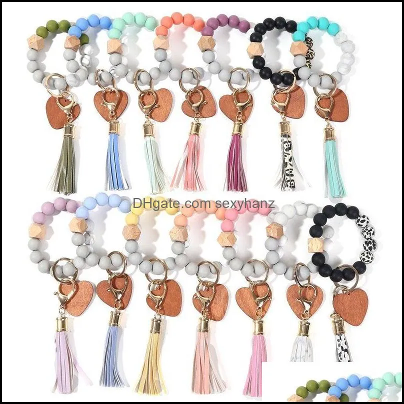 Party Favor Food Wrist key chain Beads Bracelet Event love Wooden Bead Bangle Keychain PU Tassel Anti-lost Keyring GWF12342