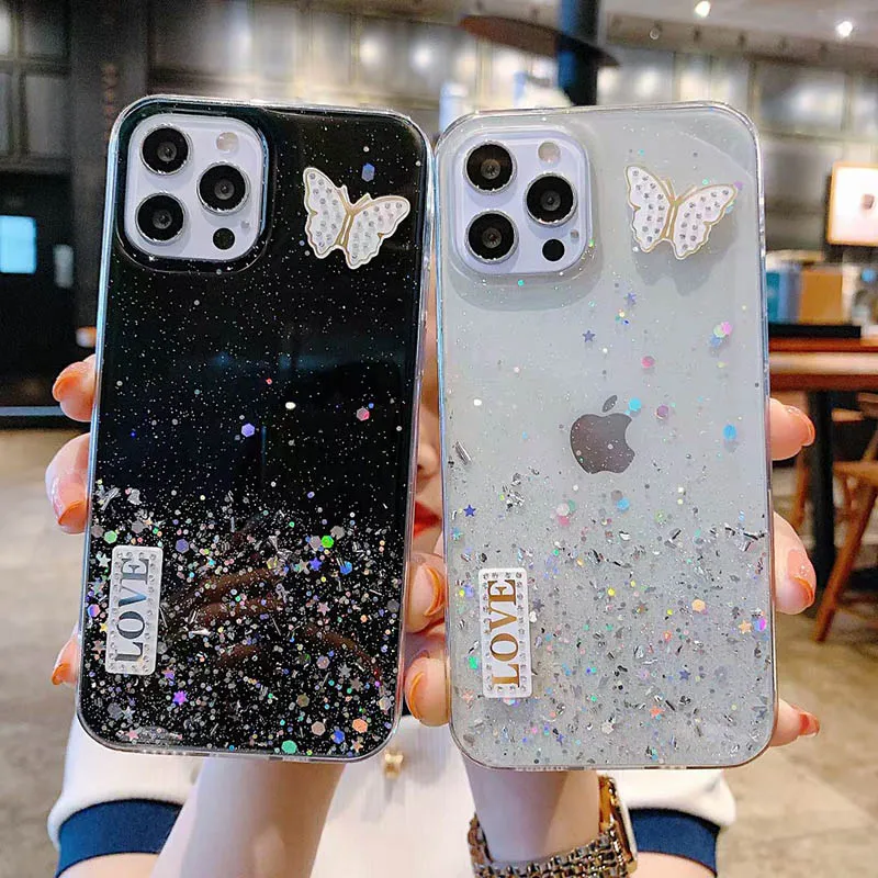 Butterfly Phone Cases For iPhone 12 11 Pro MAX XS XR 7 8 Plus Glitter Bling Back Cover