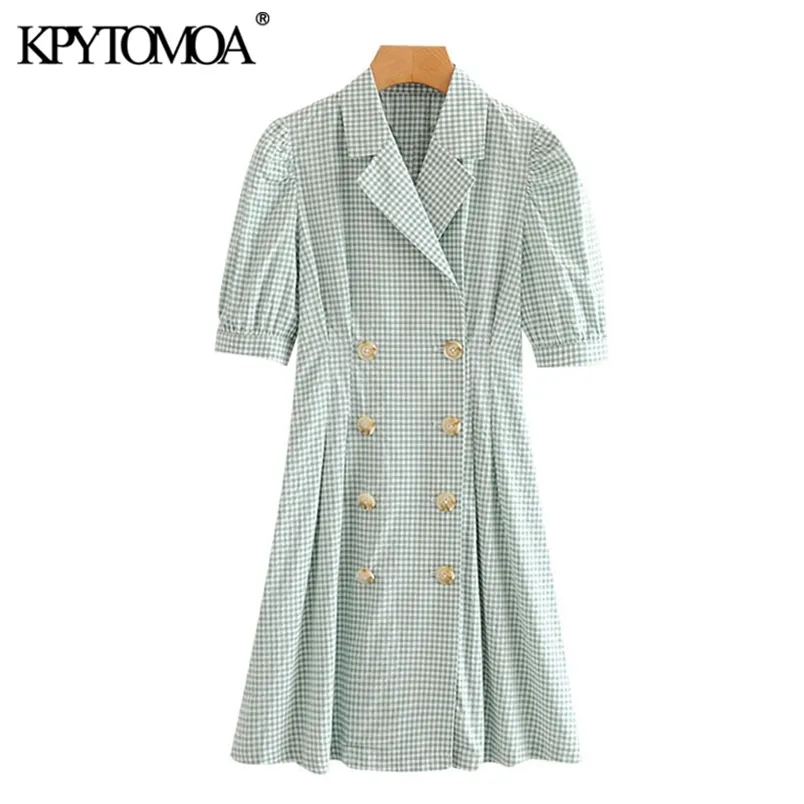 Kvinnor Chic Fashion Double Breasted Plaid Mini Dress Puff Sleeves Office Wear Kvinna Klänningar Vestidos Mujer 210420