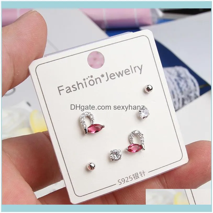 31 Styles 3 Pairs/set 925 Stamp Silver Cubic Zirconia Heart Bowknot Stud Earring Set for Women Girls Jewelry Valentine`s Day