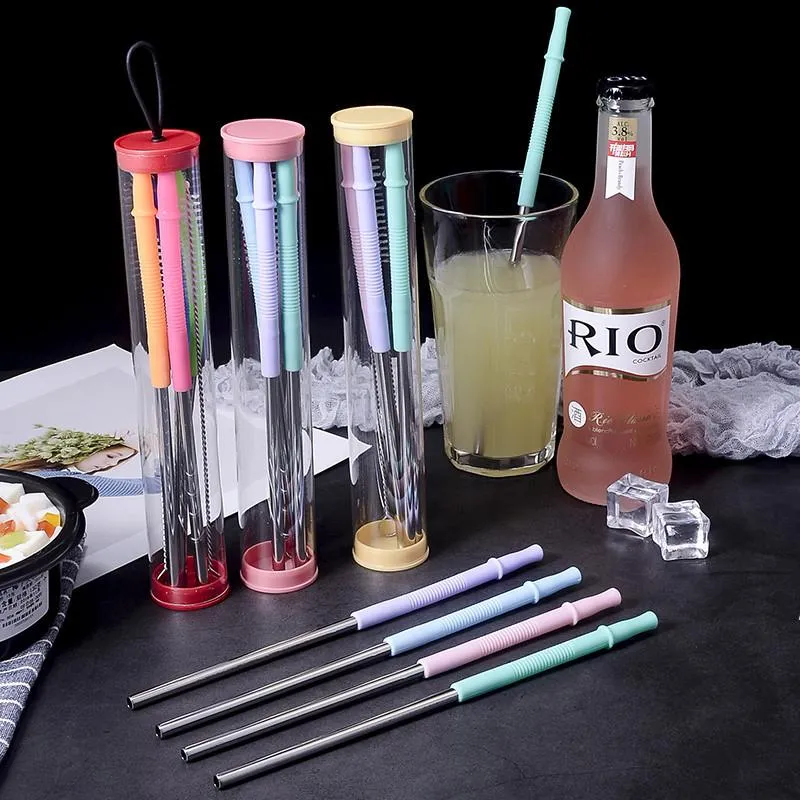 Creative Set of 4pcs Stainless Steel Straws with Silicone Flex Tips Cover,2pcs Cleaing Brushes and 1 Portable Clear Case Included LLA7154