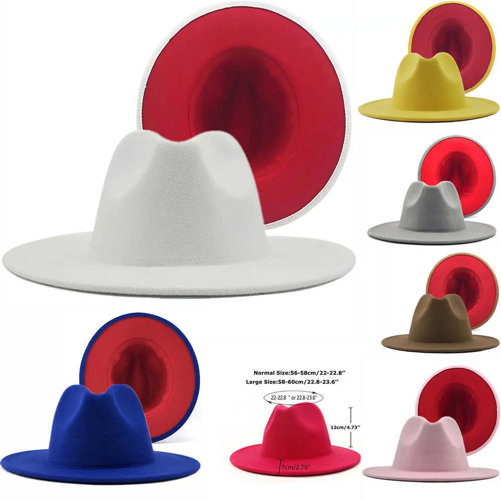 Red Bottom Fedora Heren Cap Jazz Hoeden Cowboy Hoed Voor Vrouwen En Mannen Dubbelzijdig Kleur Cap Hoge hoed Groothandel 2020 Q0805